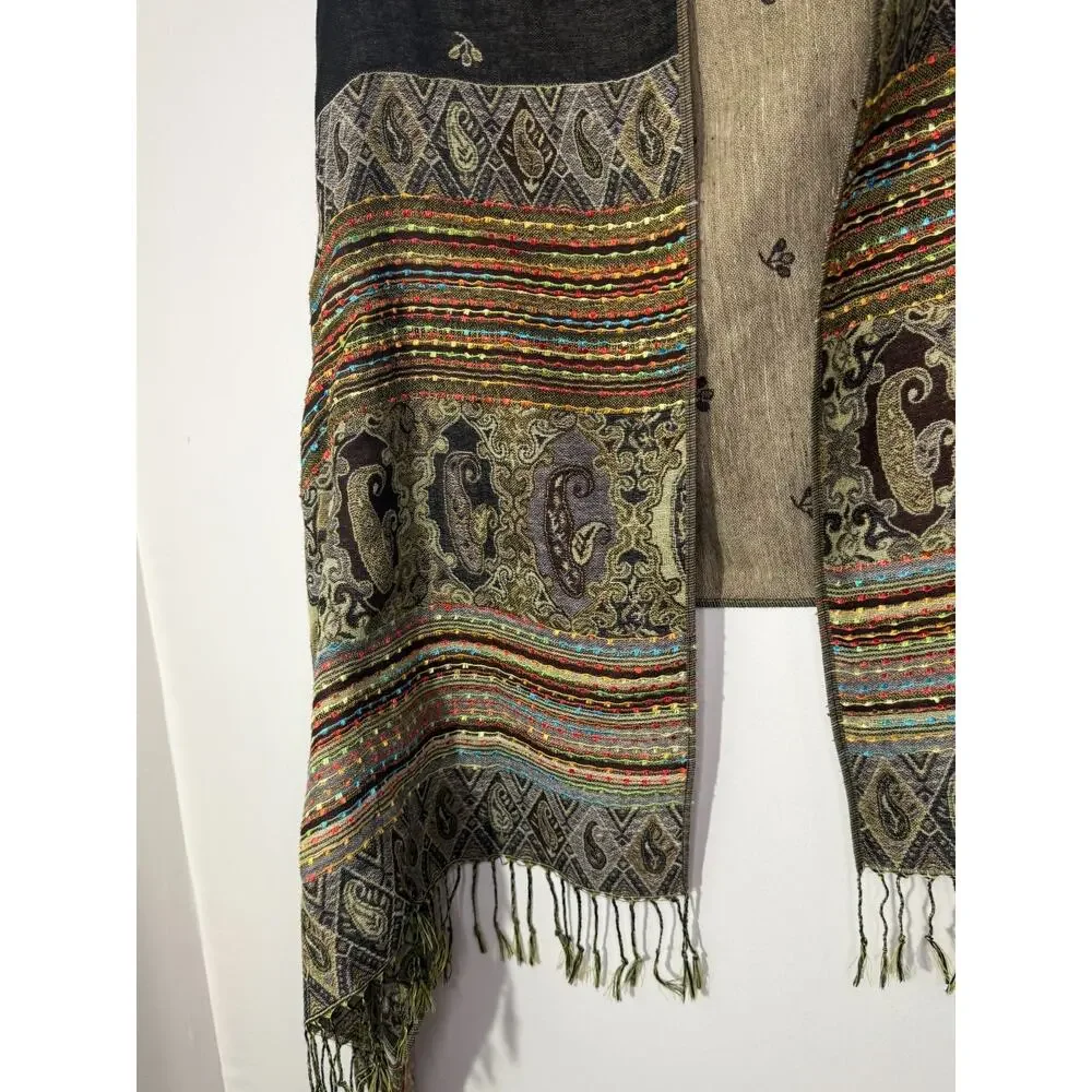Artisan Woven Shawl Scarf Paisley Stripe Fringe Boho Ethnic Wrap